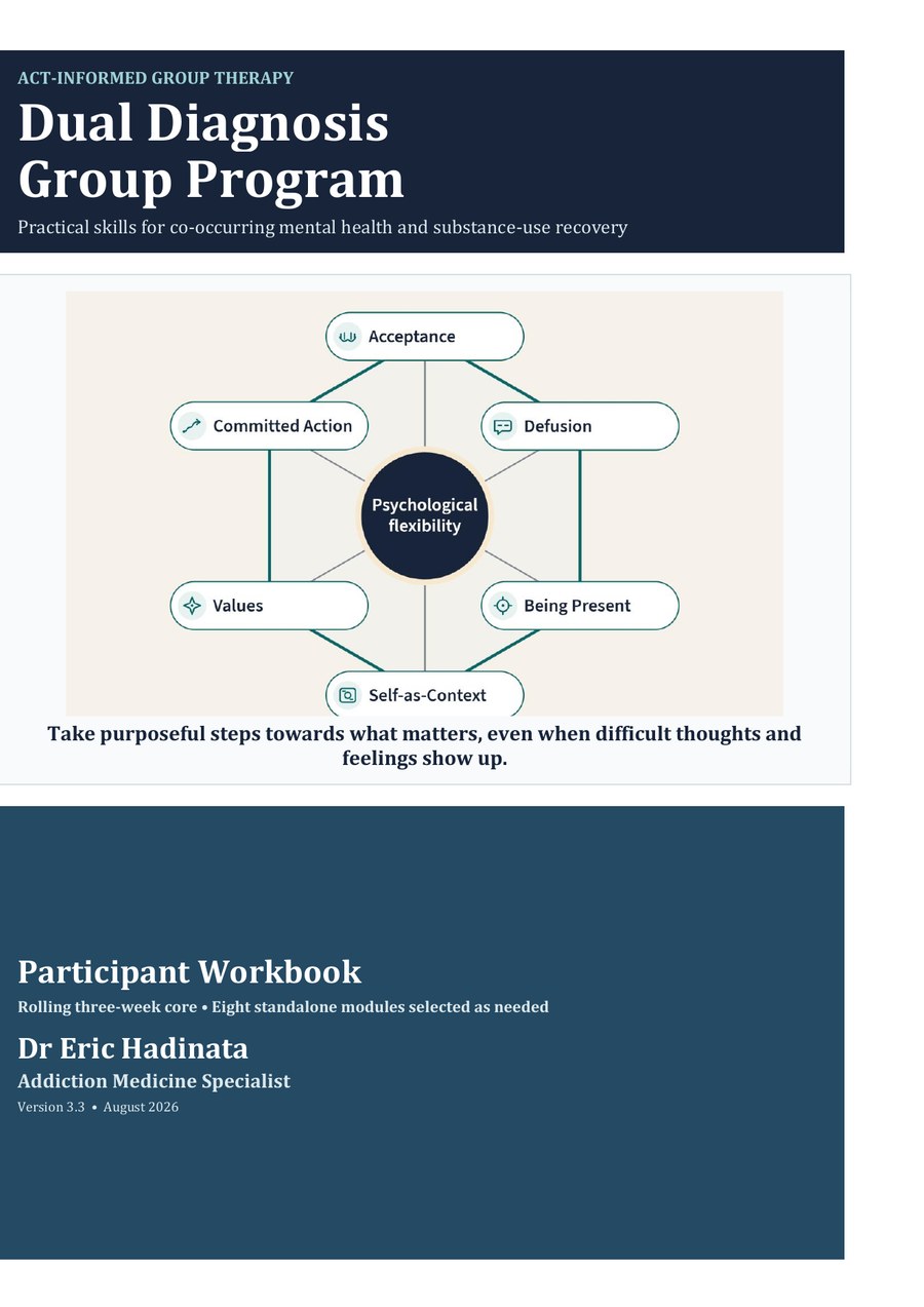 Cover of the Dual Diagnosis Group Program Participant Workbook, showing an ACT psychological flexibility diagram