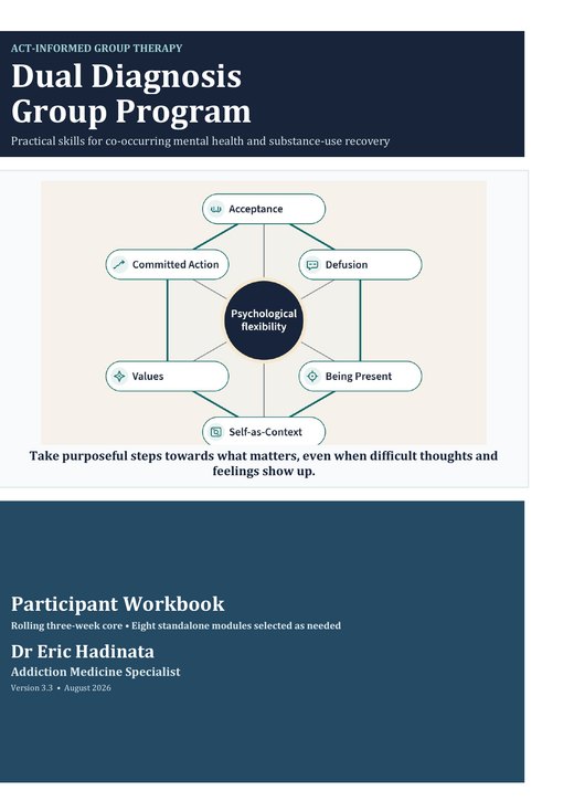 Cover of the Dual Diagnosis Group Program Participant Workbook, showing an ACT psychological flexibility diagram
